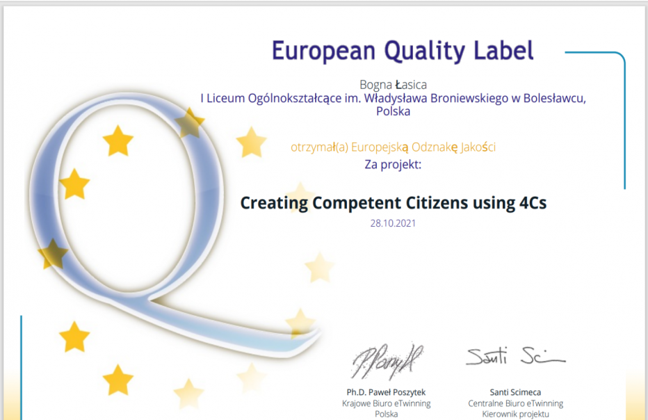 Nasz projekt Erasmus+ Creating Competent Citizens Using 4Cs. doceniony!